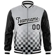 Gray Black-White Grid Color Block Letterman Raglan Jacket 3