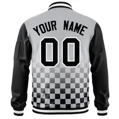 Gray Black-White Grid Color Block Letterman Raglan Jacket 4