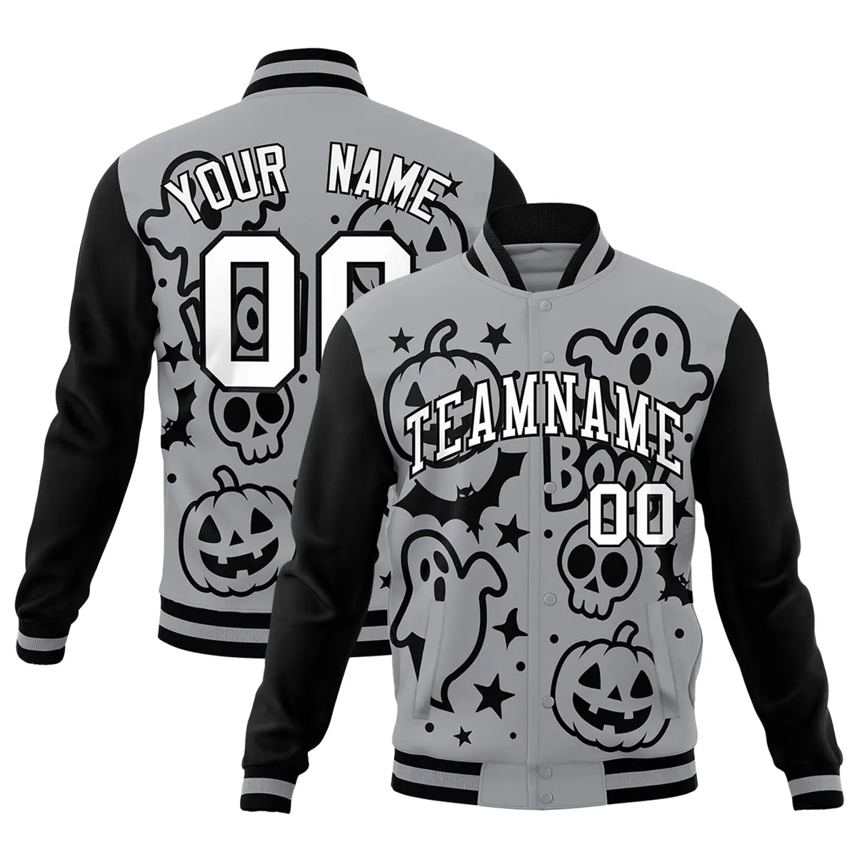 Gray Black White Halloween Bats Pumpkins Ghost Letterman Jacket