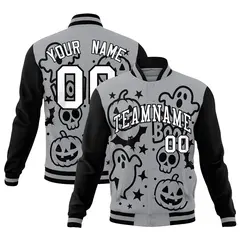 Gray Black White Halloween Bats Pumpkins Ghost Letterman Jacket