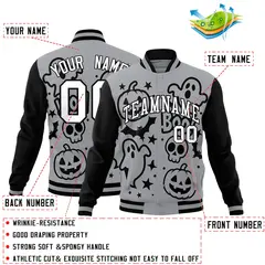 Gray Black White Halloween Bats Pumpkins Ghost Letterman Jacket 2