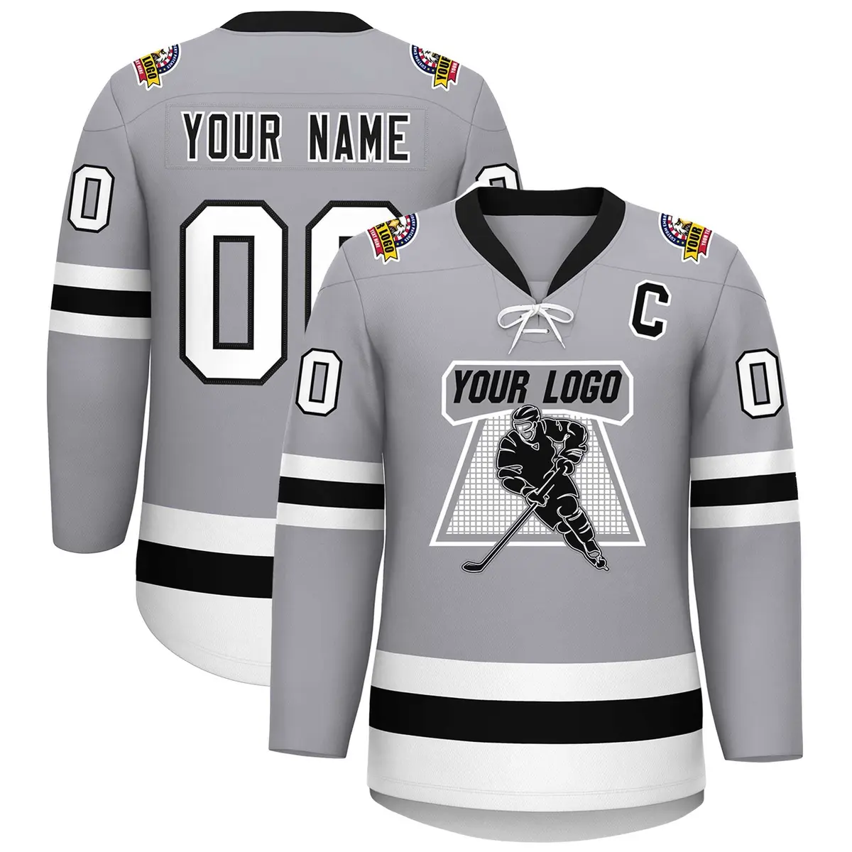 Gray Black-White Lace-Up Neck Hockey Jersey