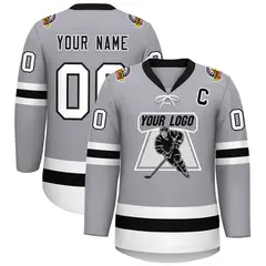 Gray Black-White Lace-Up Neck Hockey Jersey