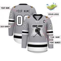 Gray Black-White Lace-Up Neck Hockey Jersey 2