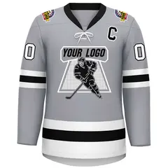 Gray Black-White Lace-Up Neck Hockey Jersey 3