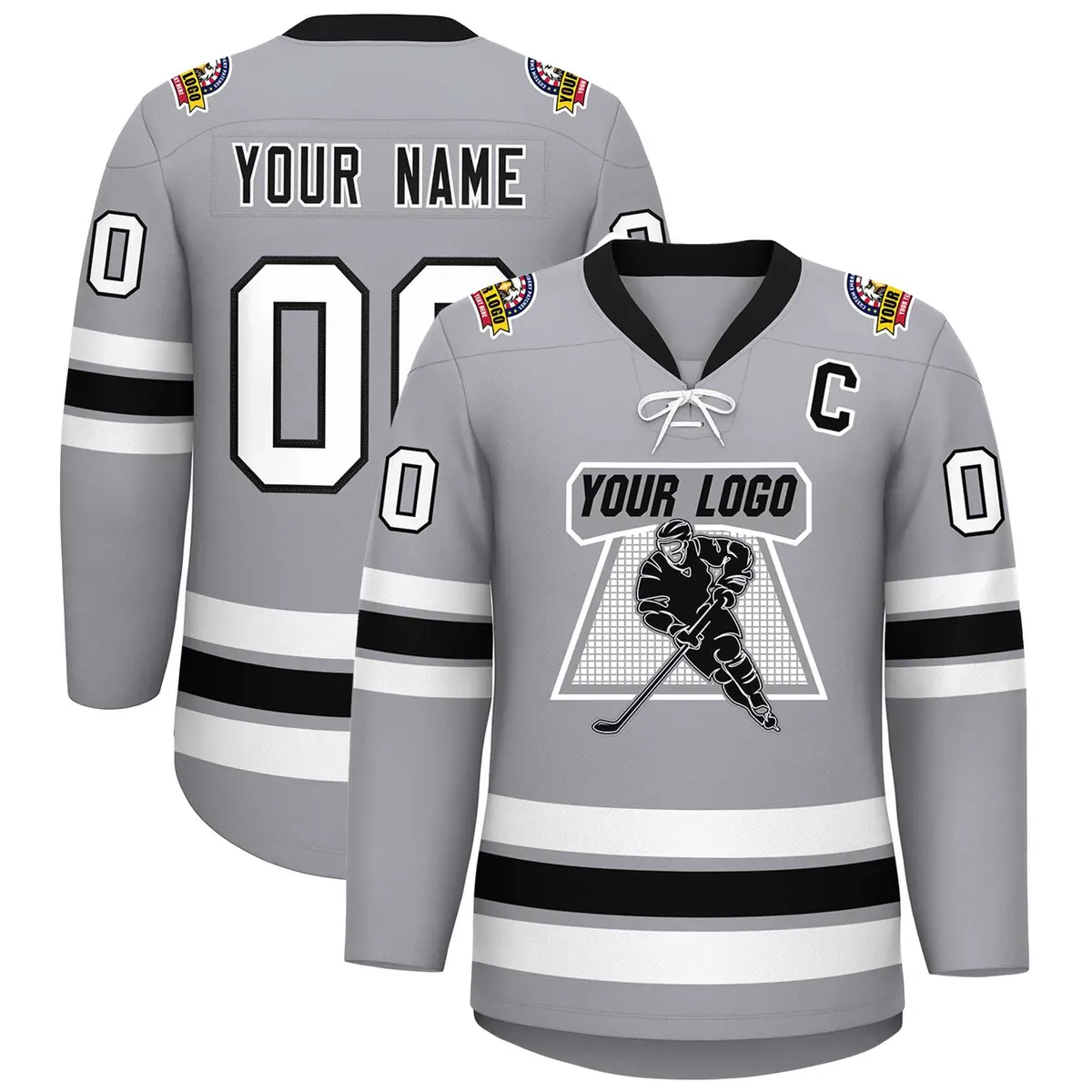 Gray Black-White Lace-Up Neck Hockey Jersey