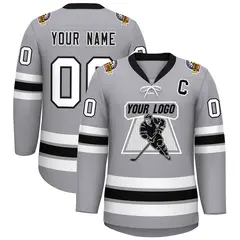 Gray Black-White Lace-Up Neck Hockey Jersey