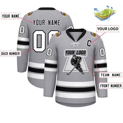 Gray Black-White Lace-Up Neck Hockey Jersey 2