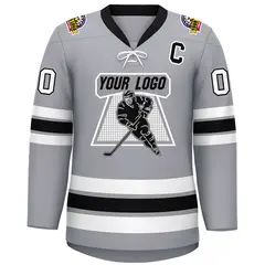 Gray Black-White Lace-Up Neck Hockey Jersey 3