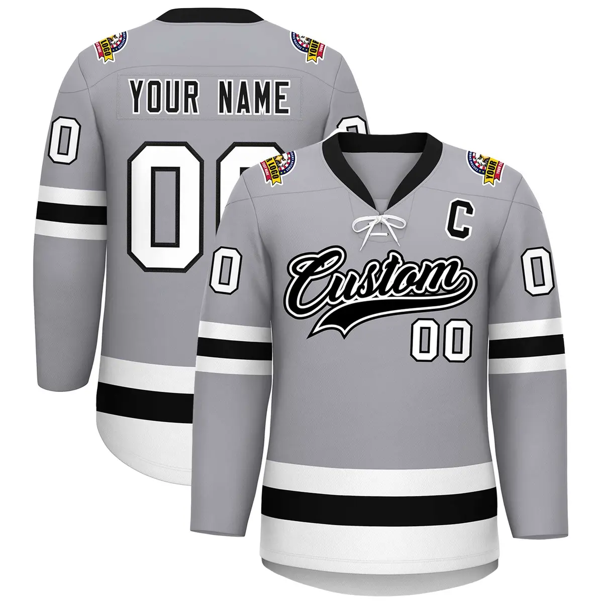 Gray Black-White Lace-Up Neck Hockey Jersey
