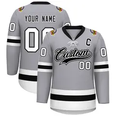 Gray Black-White Lace-Up Neck Hockey Jersey