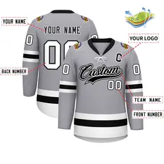 Gray Black-White Lace-Up Neck Hockey Jersey 2