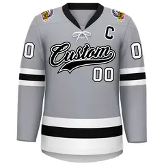 Gray Black-White Lace-Up Neck Hockey Jersey 3