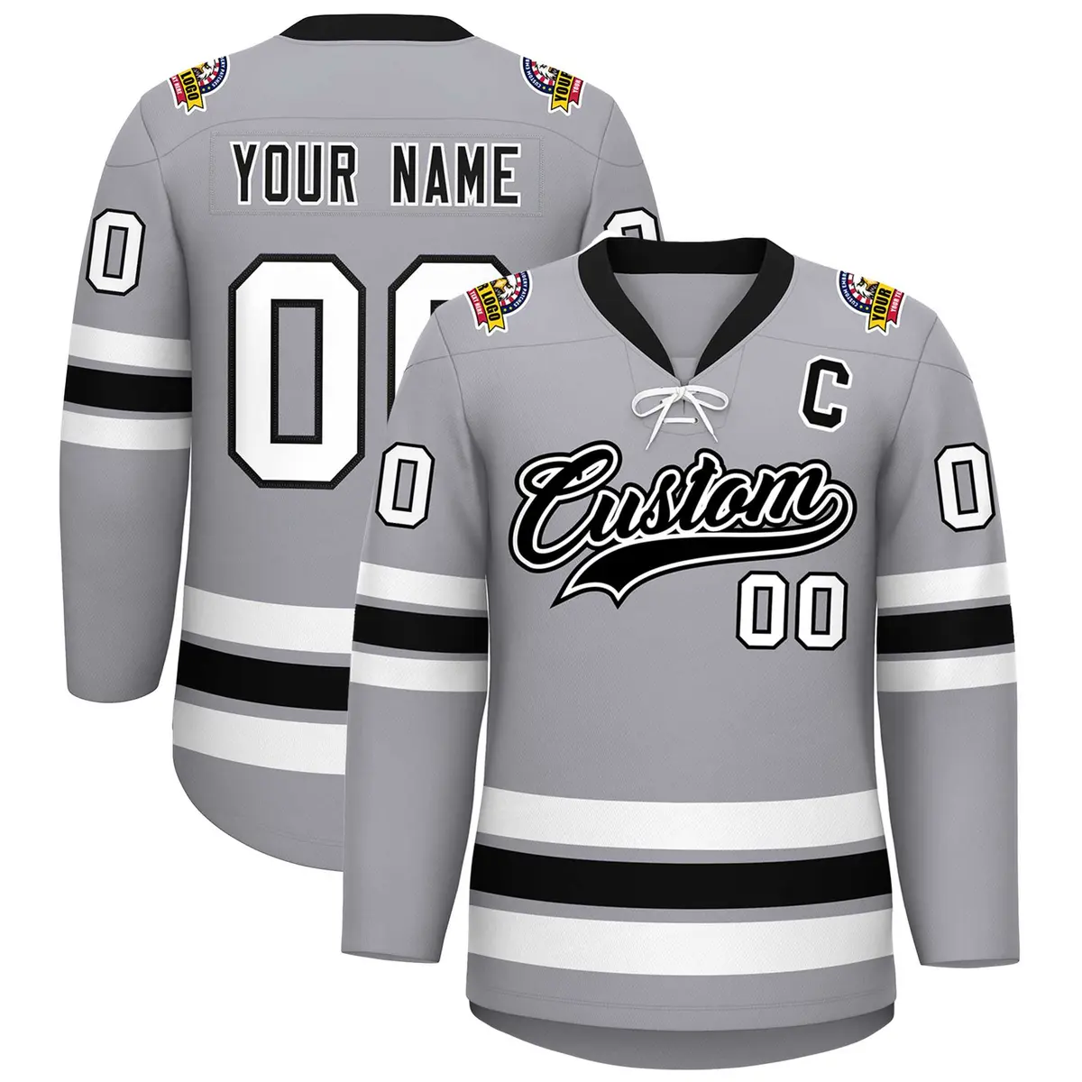 Gray Black-White Lace-Up Neck Hockey Jersey