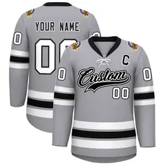 Gray Black-White Lace-Up Neck Hockey Jersey