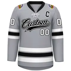 Gray Black-White Lace-Up Neck Hockey Jersey 3