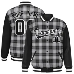 Gray Black-White Plaid Varsity Letterman Baseball Jacket 1