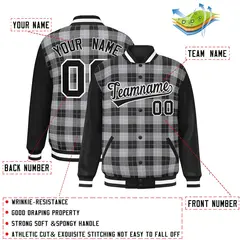 Gray Black-White Plaid Varsity Letterman Baseball Jacket 2