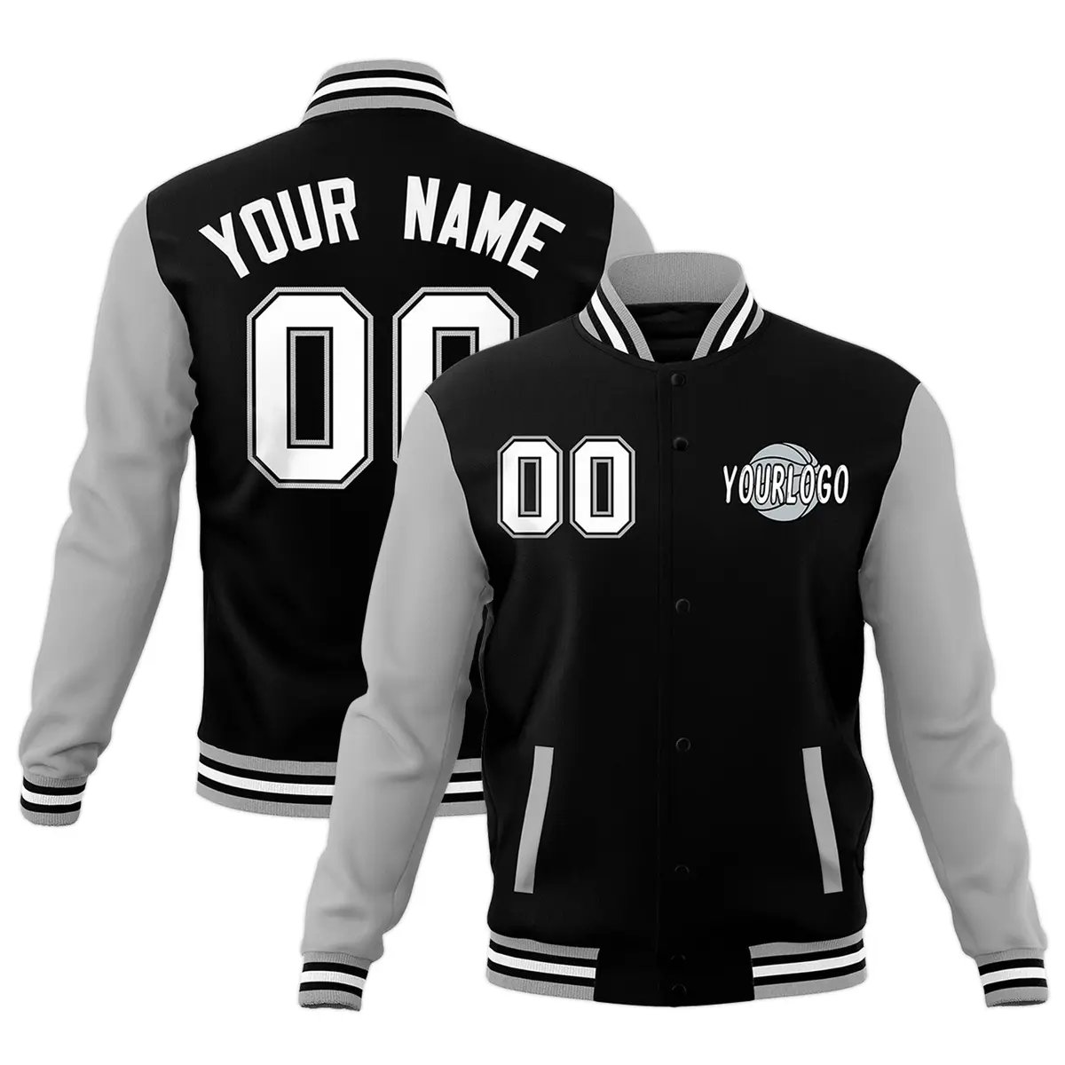 Gray Black White Raglan Sleeve Cotton Letterman Jacket