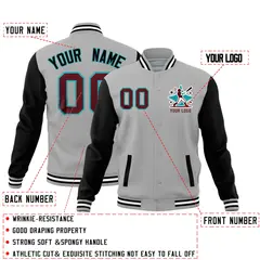 Gray Black White Raglan Sleeves Cotton Letterman Jacket 2