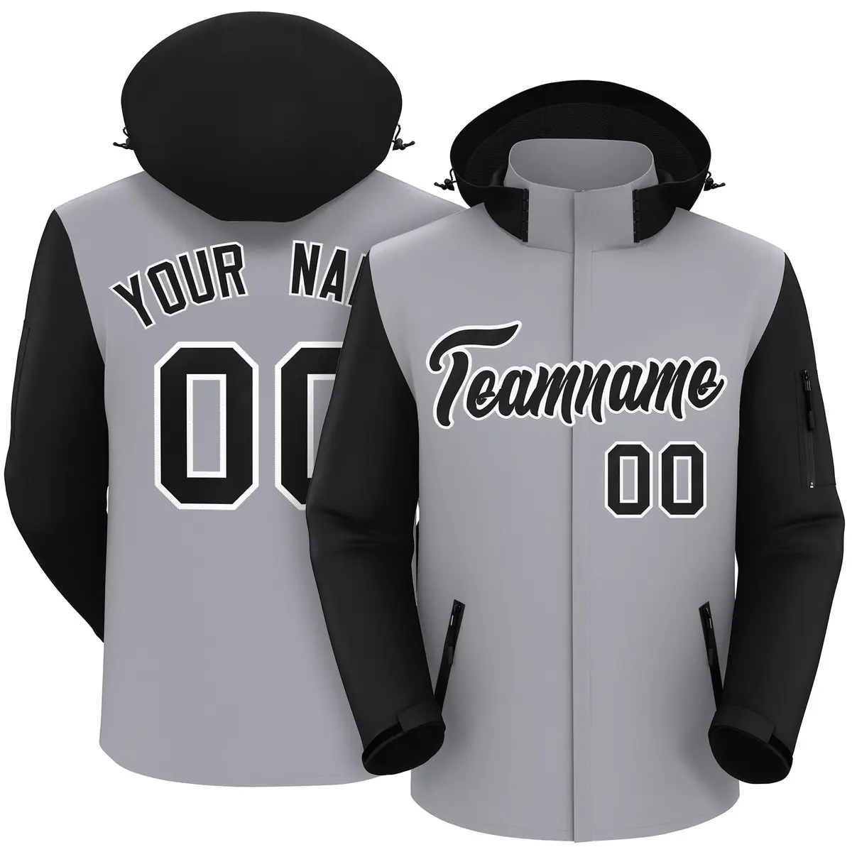 Gray Black-White Raglan Sleeves Waterproof Jacket