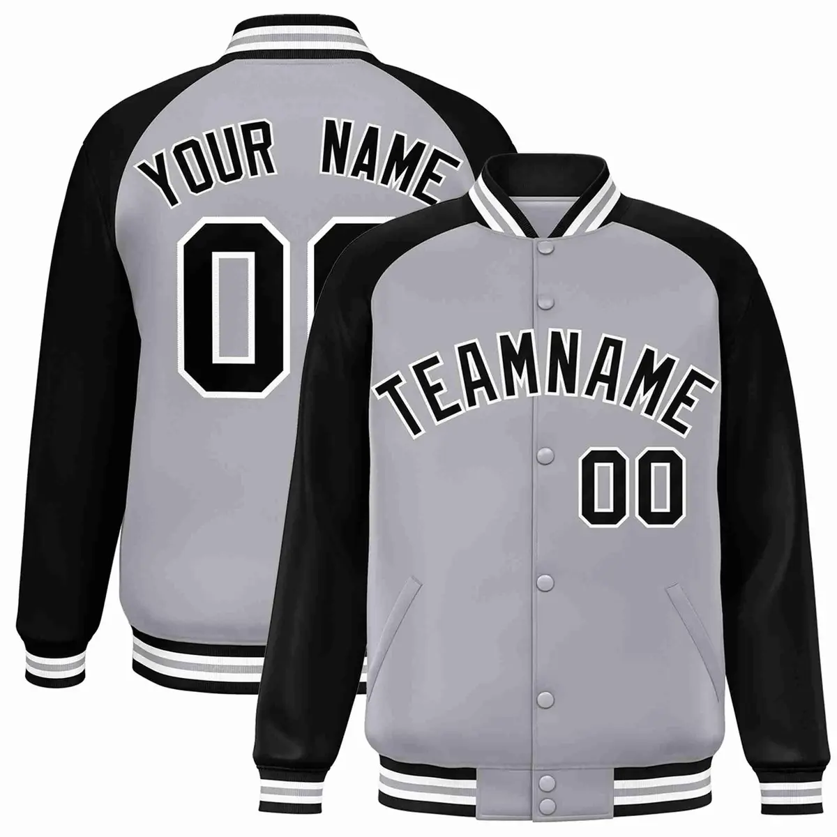 Gray Black-White Raglan Varsity Full-Snap Letterman Jacket