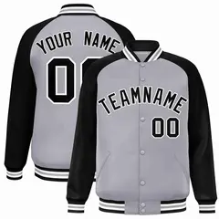 Gray Black-White Raglan Varsity Full-Snap Letterman Jacket