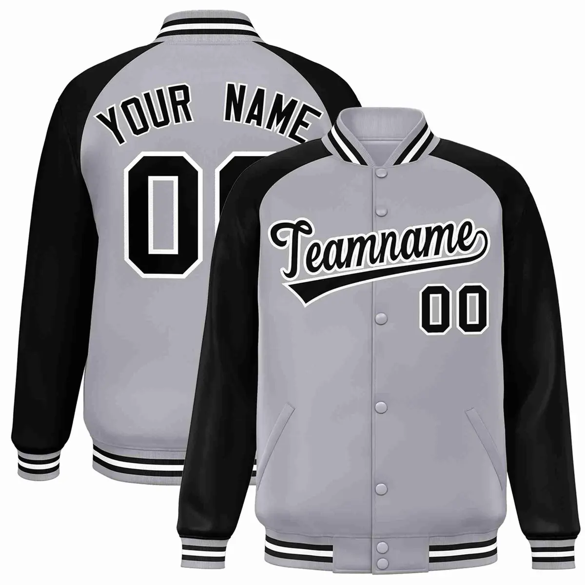 Gray Black-White Raglan Varsity Full-Snap Letterman Jacket