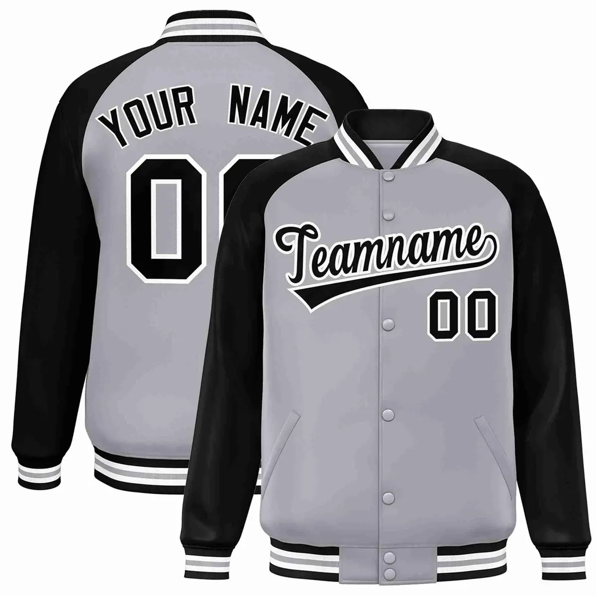 Gray Black-White Raglan Varsity Full-Snap Letterman Jacket