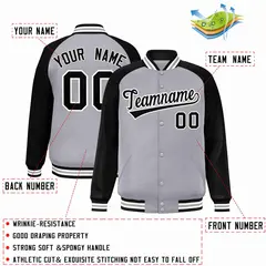 Gray Black-White Raglan Varsity Full-Snap Letterman Jacket 2