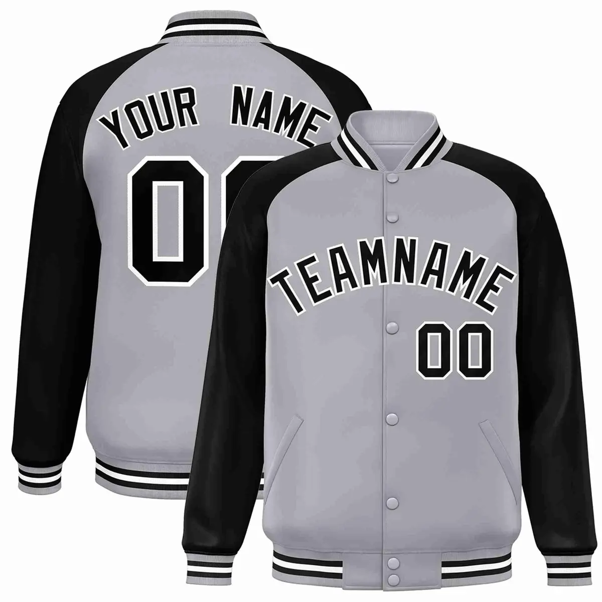 Gray Black-White Raglan Varsity Full-Snap Letterman Jacket