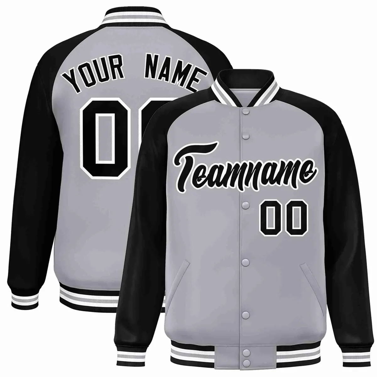 Gray Black-White Raglan Varsity Full-Snap Letterman Jacket