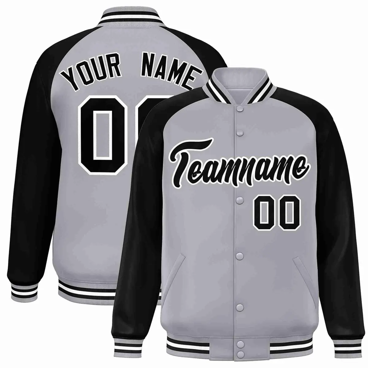 Gray Black-White Raglan Varsity Full-Snap Letterman Jacket