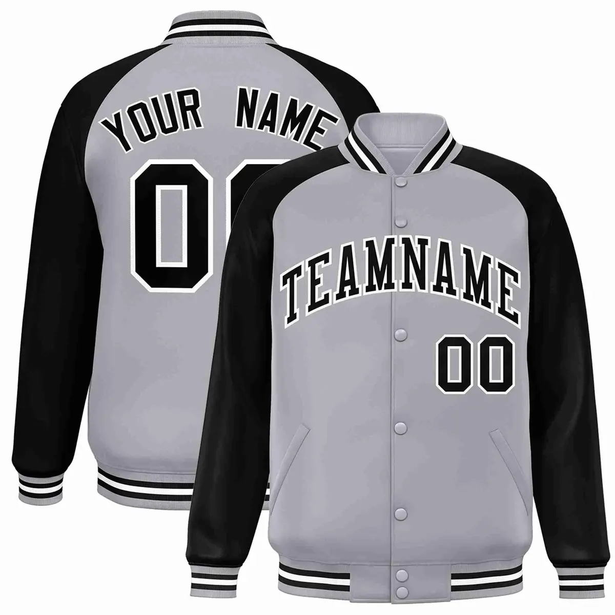 Gray Black-White Raglan Varsity Full-Snap Letterman Jacket