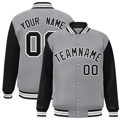 Gray Black-White Raglan Varsity Full-Snap Letterman Jacket