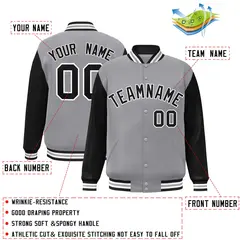 Gray Black-White Raglan Varsity Full-Snap Letterman Jacket 2