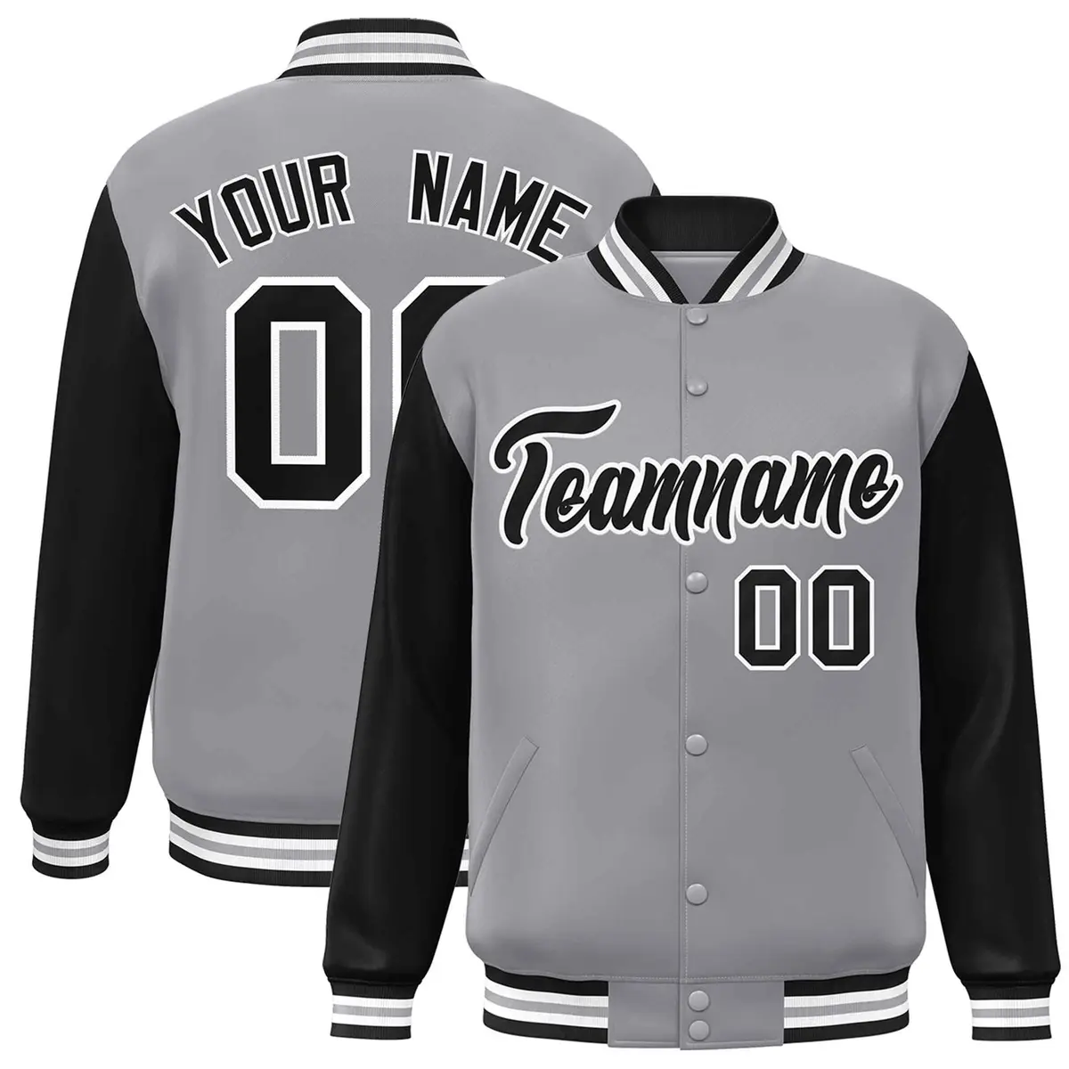 Gray Black-White Raglan Varsity Full-Snap Letterman Jacket