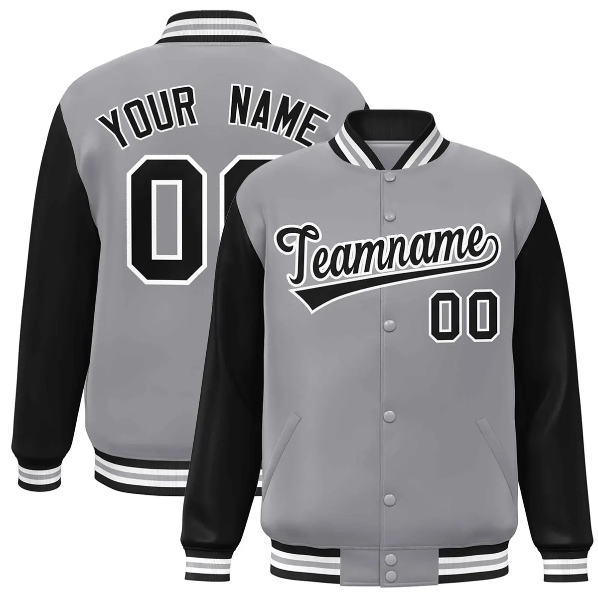 Gray Black-White Raglan Varsity Full-Snap Letterman Jacket