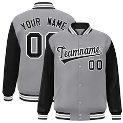 Gray Black-White Raglan Varsity Full-Snap Letterman Jacket