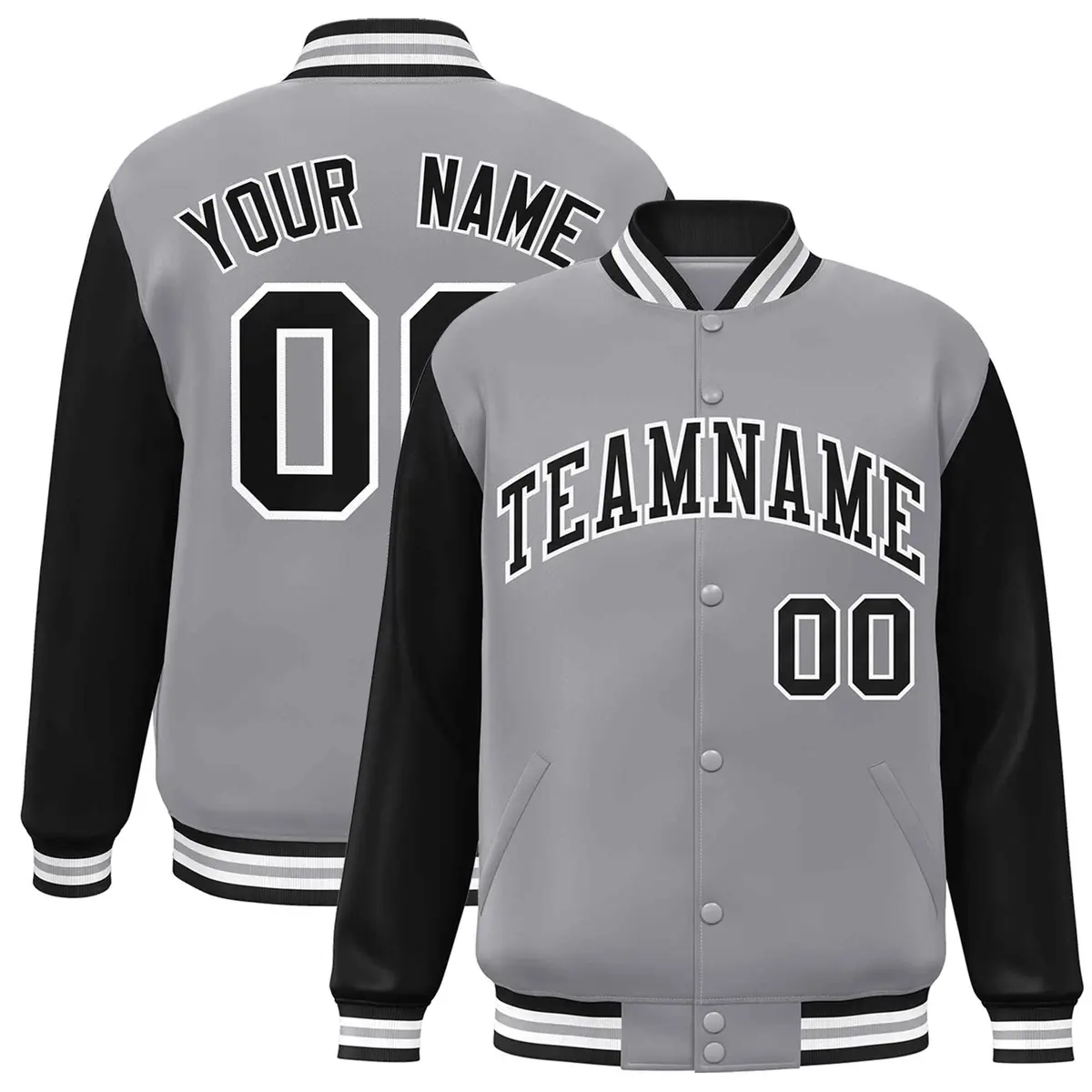 Gray Black-White Raglan Varsity Full-Snap Letterman Jacket