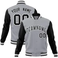 Gray Black-White Raglan Varsity Full-Snap Letterman Jacket