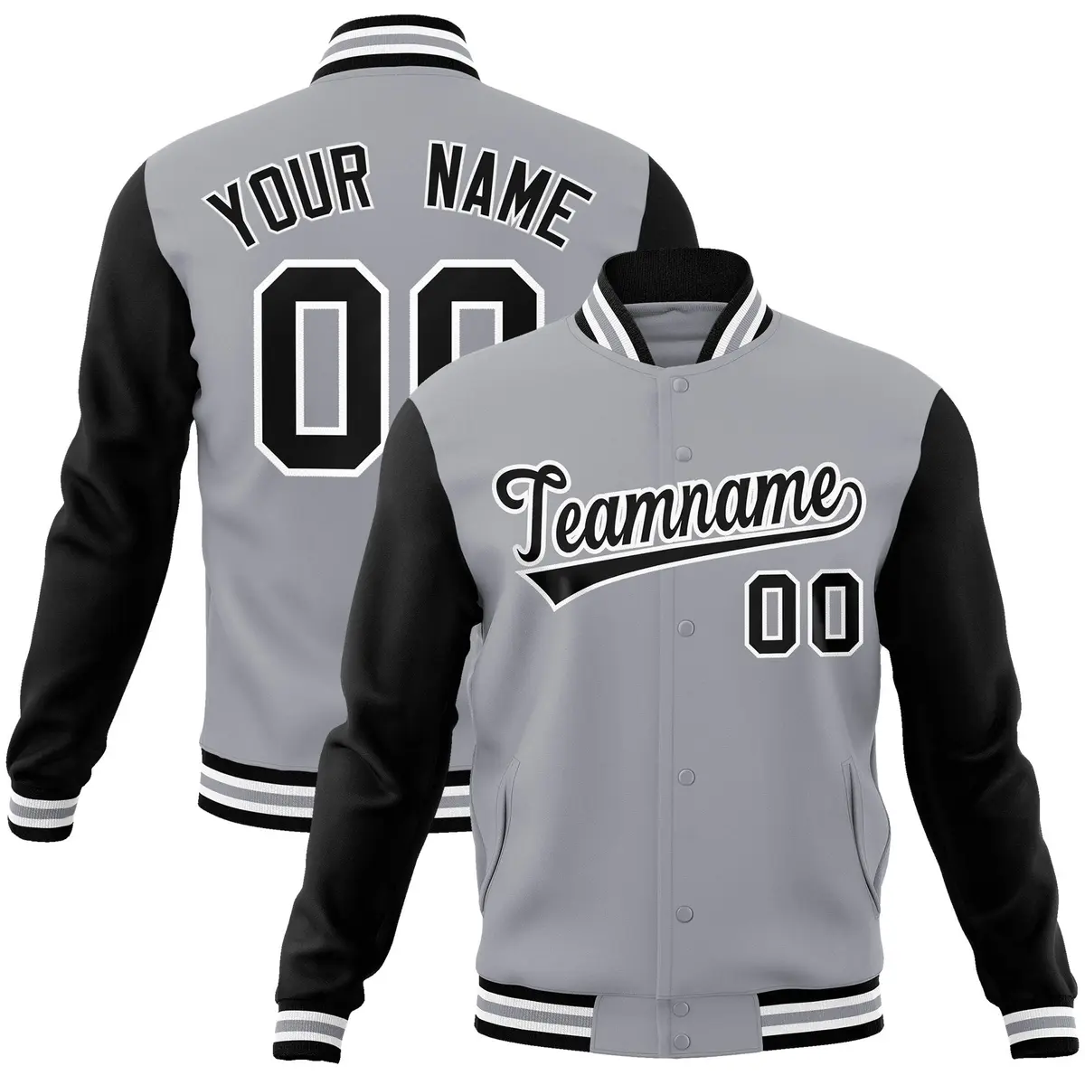 Gray Black-White Raglan Varsity Full-Snap Letterman Jacket