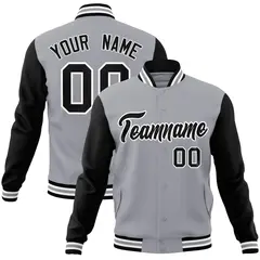 Gray Black-White Raglan Varsity Full-Snap Letterman Jacket