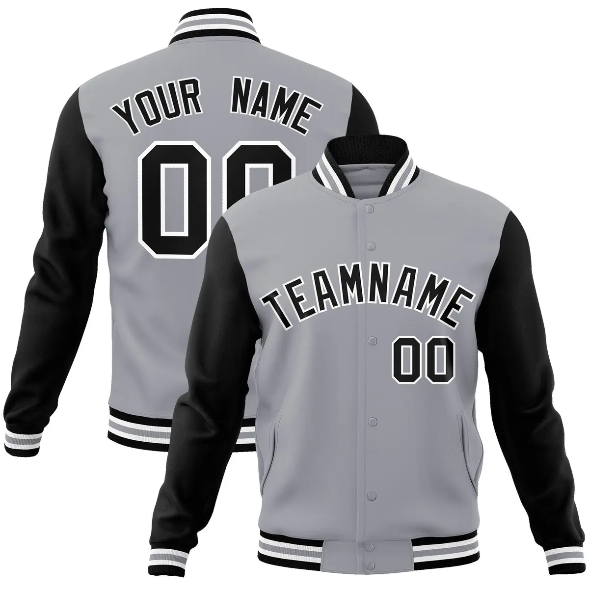 Gray Black-White Raglan Varsity Full-Snap Letterman Jacket