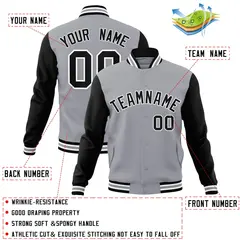 Gray Black-White Raglan Varsity Full-Snap Letterman Jacket 4