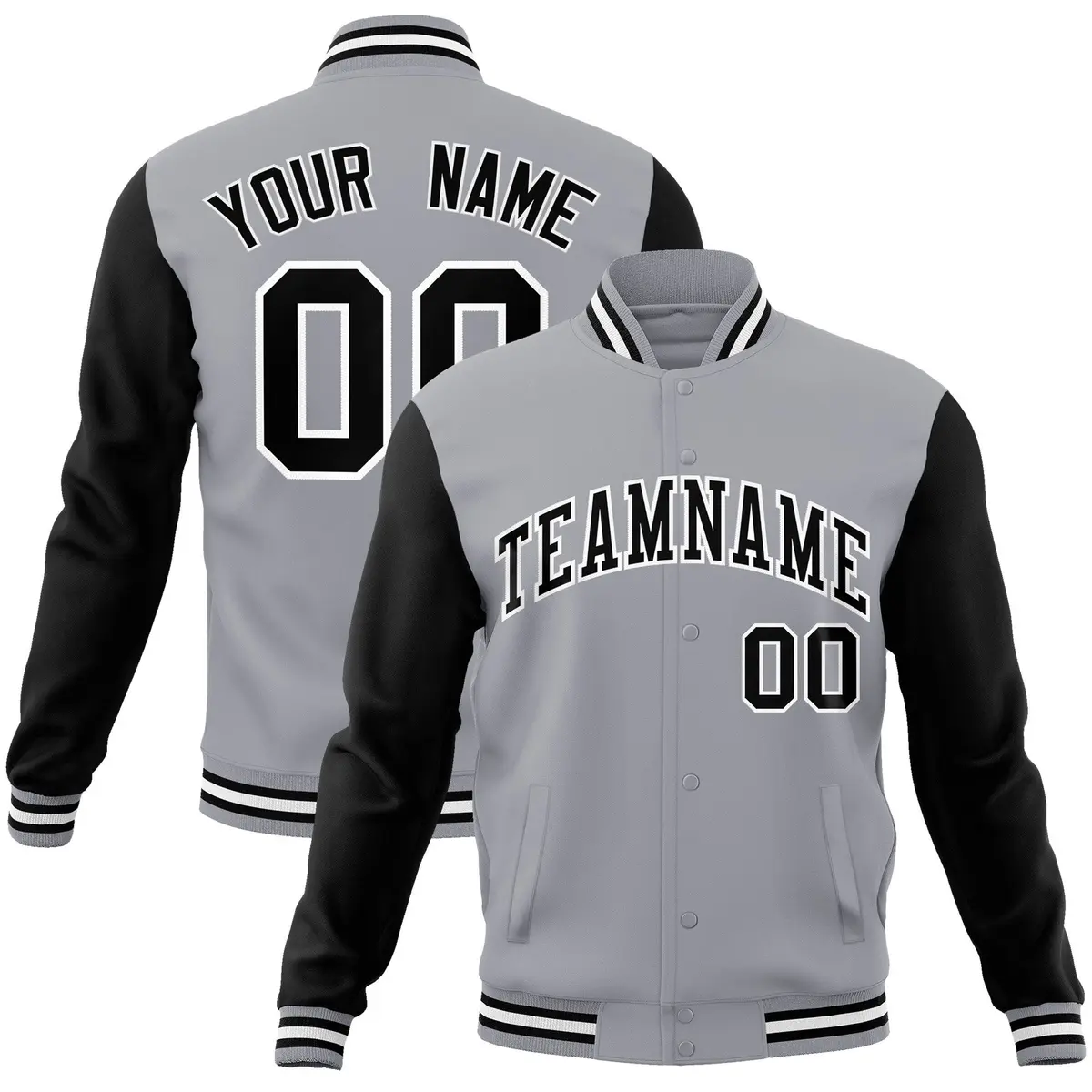 Gray Black-White Raglan Varsity Full-Snap Letterman Jacket