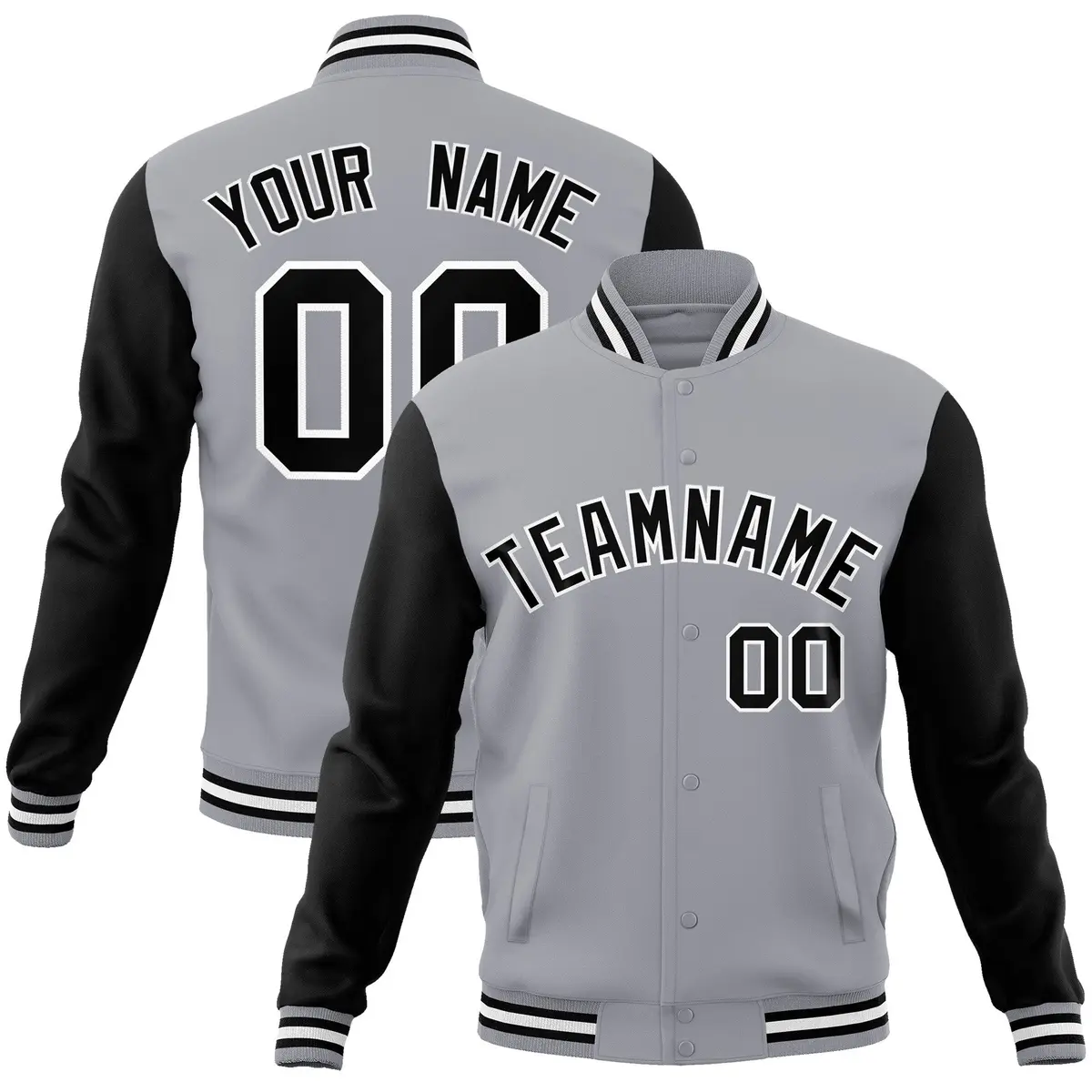Gray Black-White Raglan Varsity Full-Snap Letterman Jacket