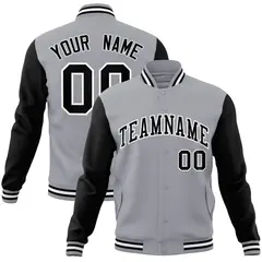 Gray Black-White Raglan Varsity Full-Snap Letterman Jacket 1