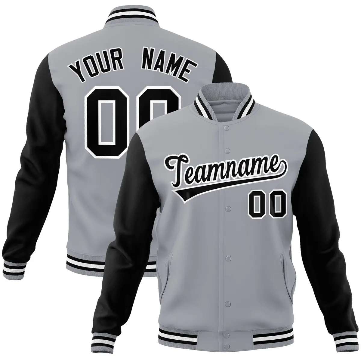 Gray Black-White Raglan Varsity Full-Snap Letterman Jacket