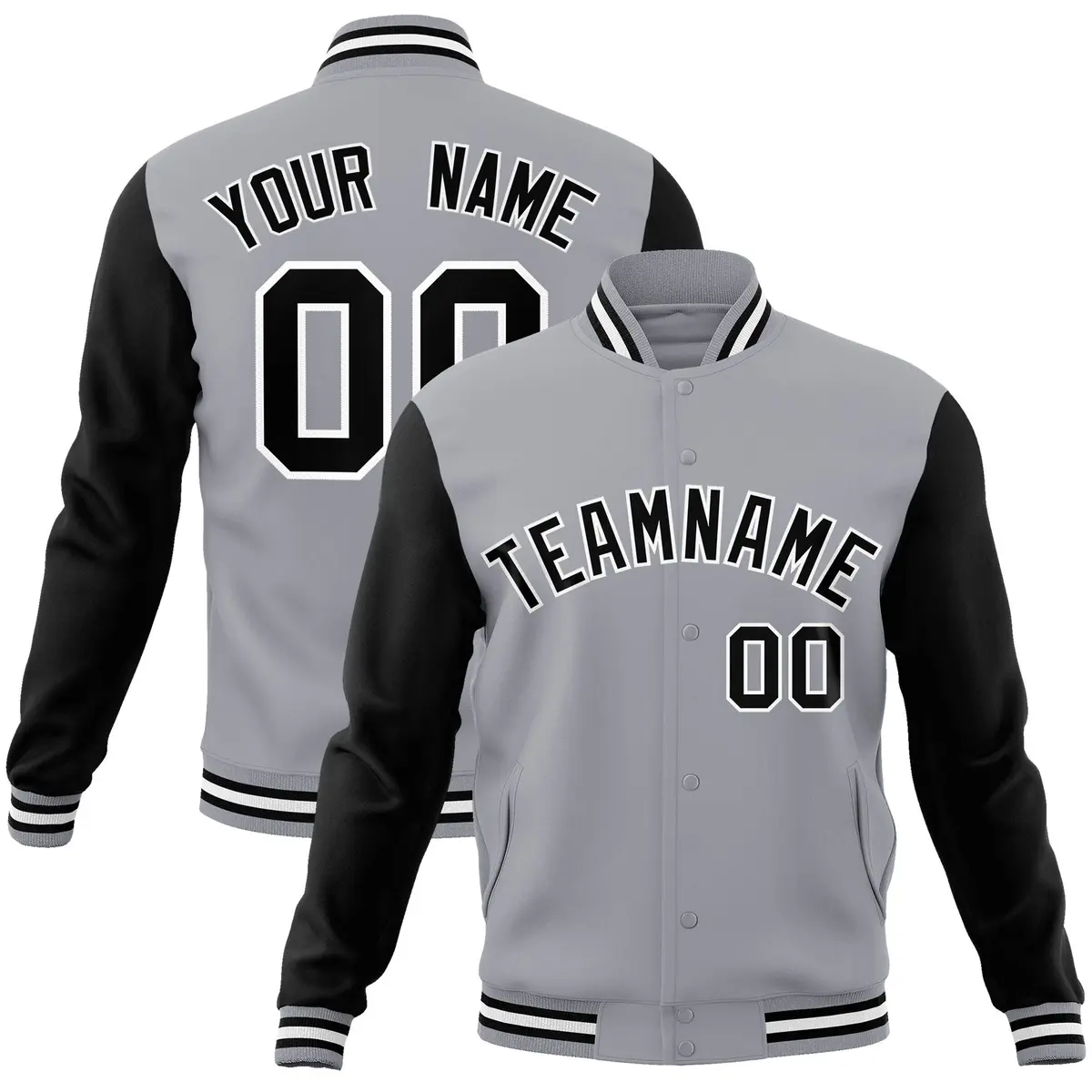 Gray Black-White Raglan Varsity Full-Snap Letterman Jacket